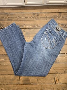 Mens Y2k adidas Blue Denim Jeans With Metallic Logo Patch Size 36x32